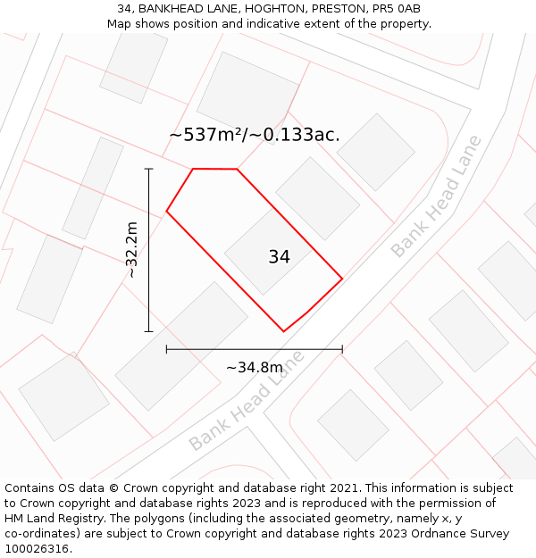 34, BANKHEAD LANE, HOGHTON, PRESTON, PR5 0AB: Plot and title map