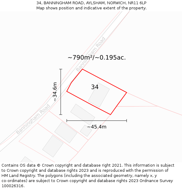 34, BANNINGHAM ROAD, AYLSHAM, NORWICH, NR11 6LP: Plot and title map