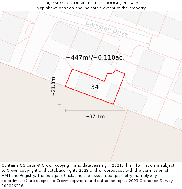 34, BARKSTON DRIVE, PETERBOROUGH, PE1 4LA: Plot and title map