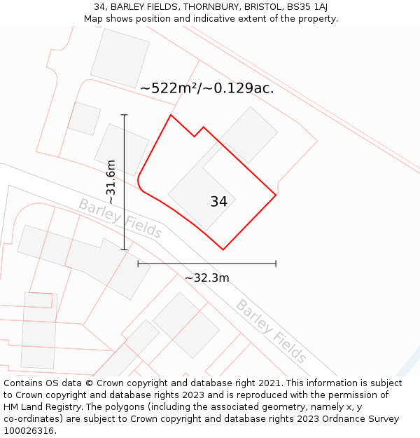 34, BARLEY FIELDS, THORNBURY, BRISTOL, BS35 1AJ: Plot and title map