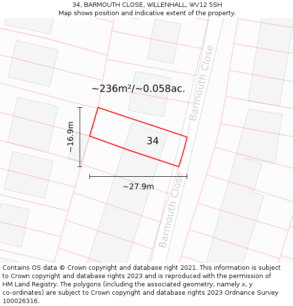 34, BARMOUTH CLOSE, WILLENHALL, WV12 5SH: Plot and title map