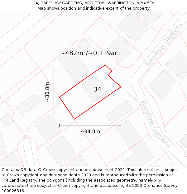 34, BARSHAW GARDENS, APPLETON, WARRINGTON, WA4 5FA: Plot and title map