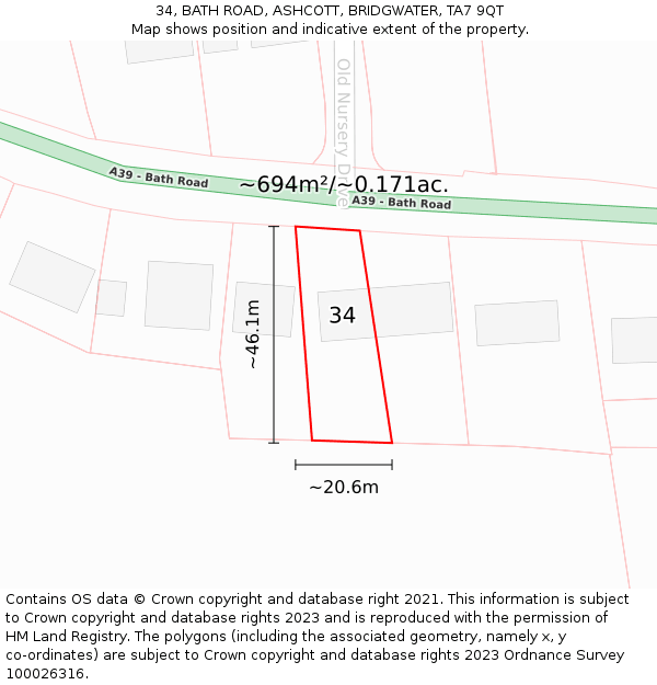 34, BATH ROAD, ASHCOTT, BRIDGWATER, TA7 9QT: Plot and title map