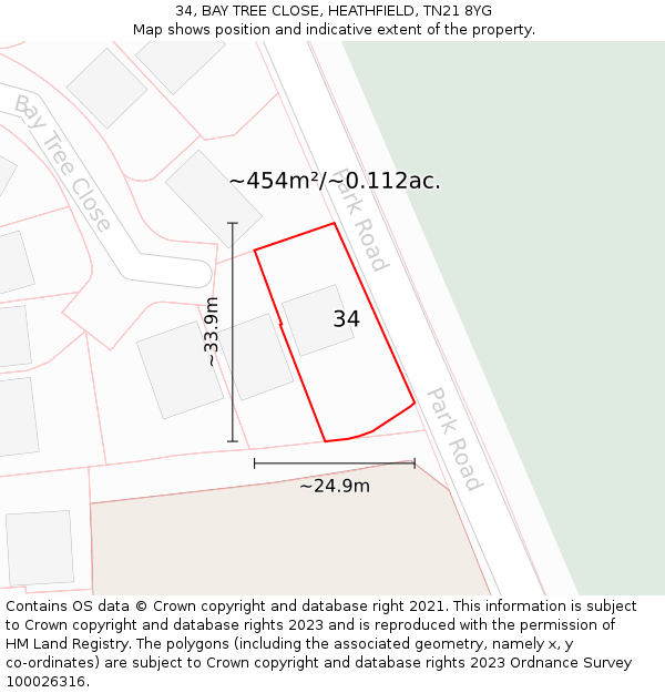 34, BAY TREE CLOSE, HEATHFIELD, TN21 8YG: Plot and title map