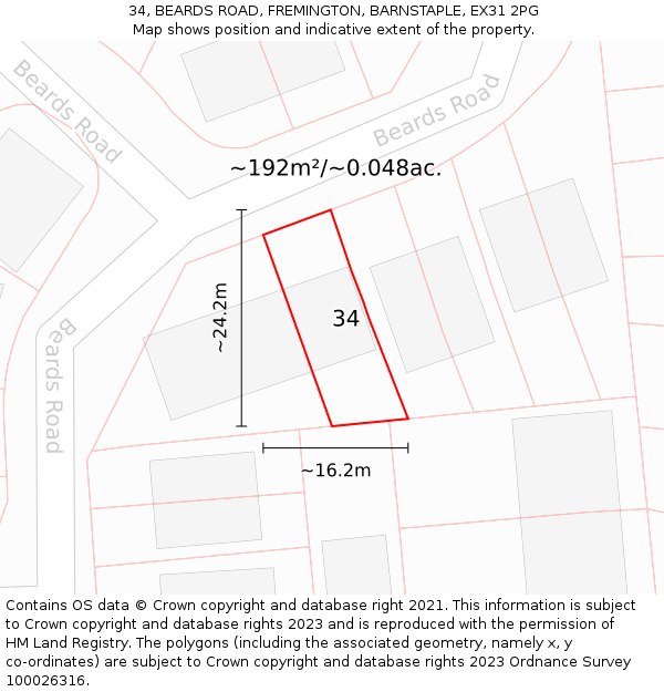 34, BEARDS ROAD, FREMINGTON, BARNSTAPLE, EX31 2PG: Plot and title map