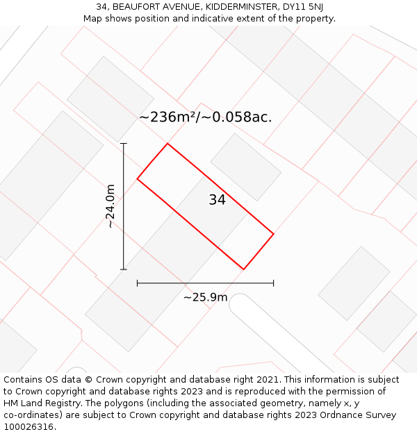 34, BEAUFORT AVENUE, KIDDERMINSTER, DY11 5NJ: Plot and title map