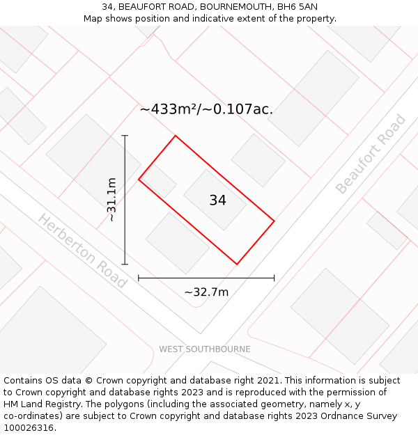 34, BEAUFORT ROAD, BOURNEMOUTH, BH6 5AN: Plot and title map