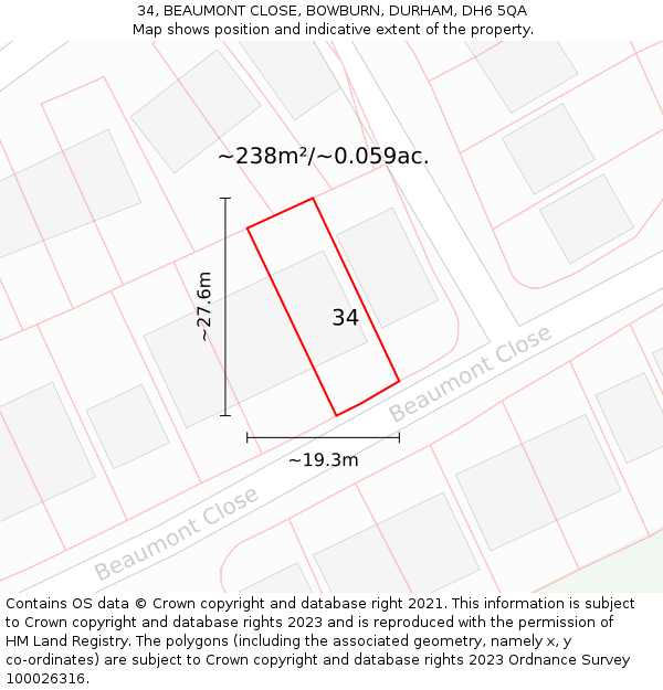 34, BEAUMONT CLOSE, BOWBURN, DURHAM, DH6 5QA: Plot and title map