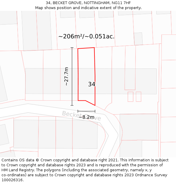 34, BECKET GROVE, NOTTINGHAM, NG11 7HF: Plot and title map