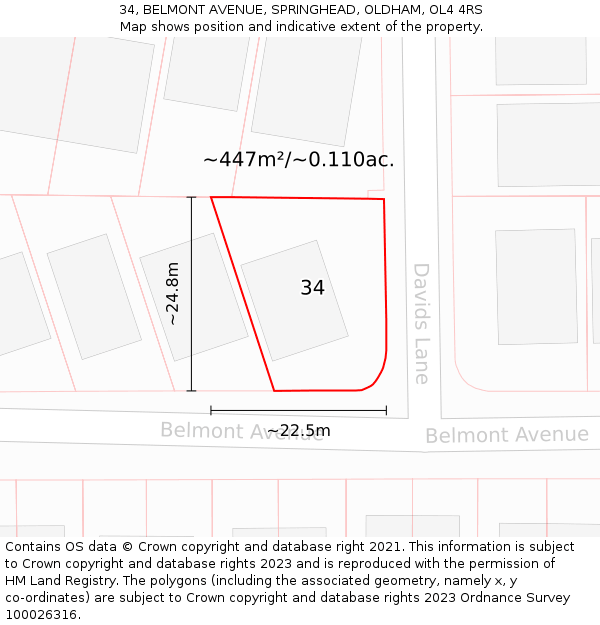 34, BELMONT AVENUE, SPRINGHEAD, OLDHAM, OL4 4RS: Plot and title map