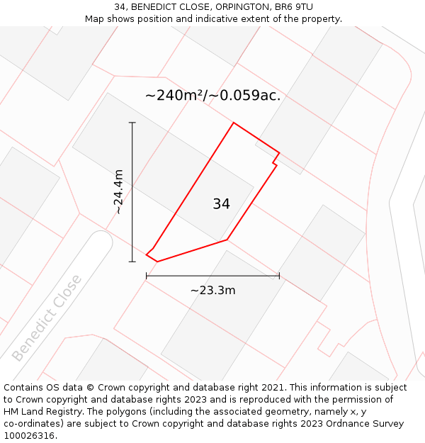 34, BENEDICT CLOSE, ORPINGTON, BR6 9TU: Plot and title map
