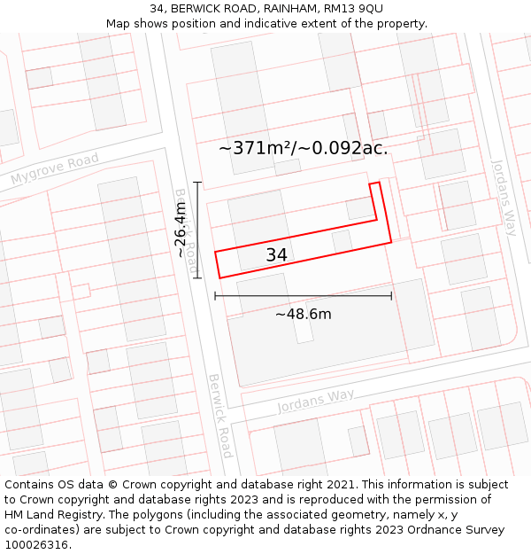 34, BERWICK ROAD, RAINHAM, RM13 9QU: Plot and title map