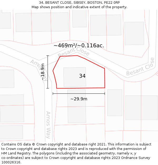 34, BESANT CLOSE, SIBSEY, BOSTON, PE22 0RP: Plot and title map