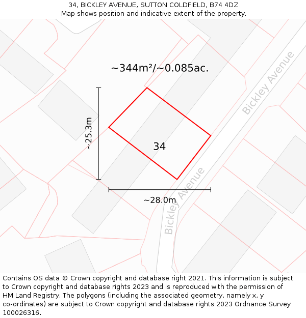 34, BICKLEY AVENUE, SUTTON COLDFIELD, B74 4DZ: Plot and title map