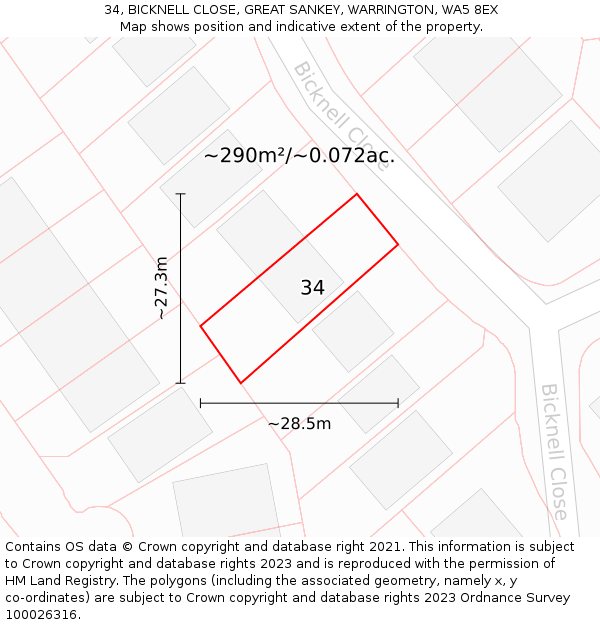 34, BICKNELL CLOSE, GREAT SANKEY, WARRINGTON, WA5 8EX: Plot and title map