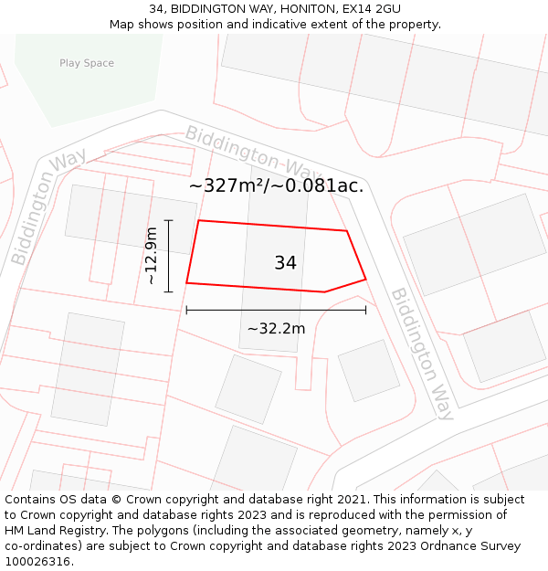 34, BIDDINGTON WAY, HONITON, EX14 2GU: Plot and title map