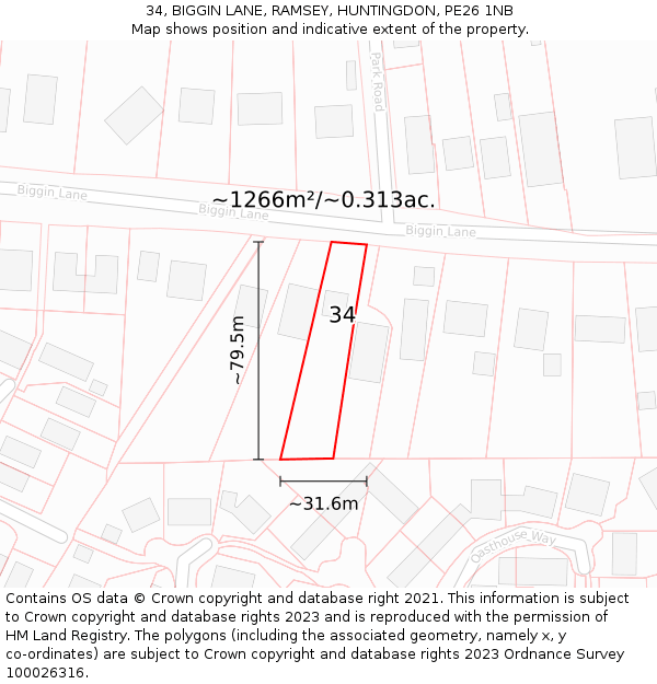 34, BIGGIN LANE, RAMSEY, HUNTINGDON, PE26 1NB: Plot and title map