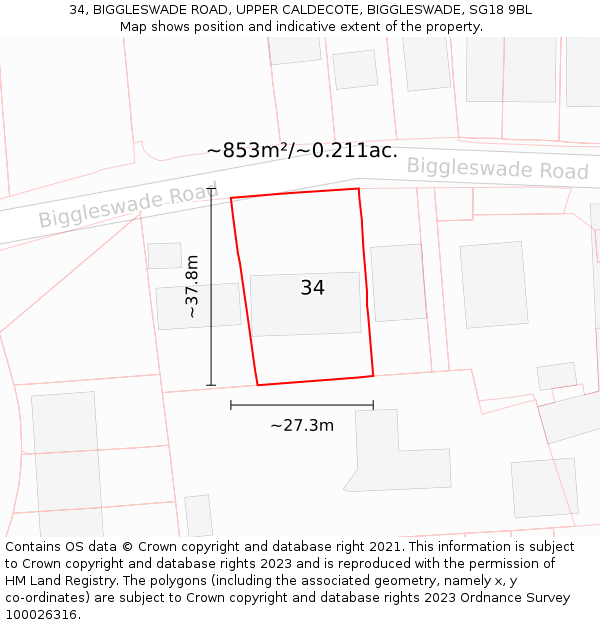 34, BIGGLESWADE ROAD, UPPER CALDECOTE, BIGGLESWADE, SG18 9BL: Plot and title map