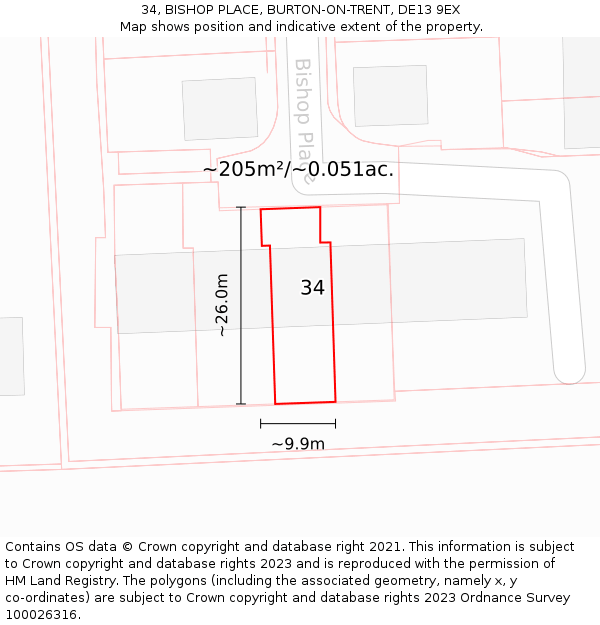 34, BISHOP PLACE, BURTON-ON-TRENT, DE13 9EX: Plot and title map