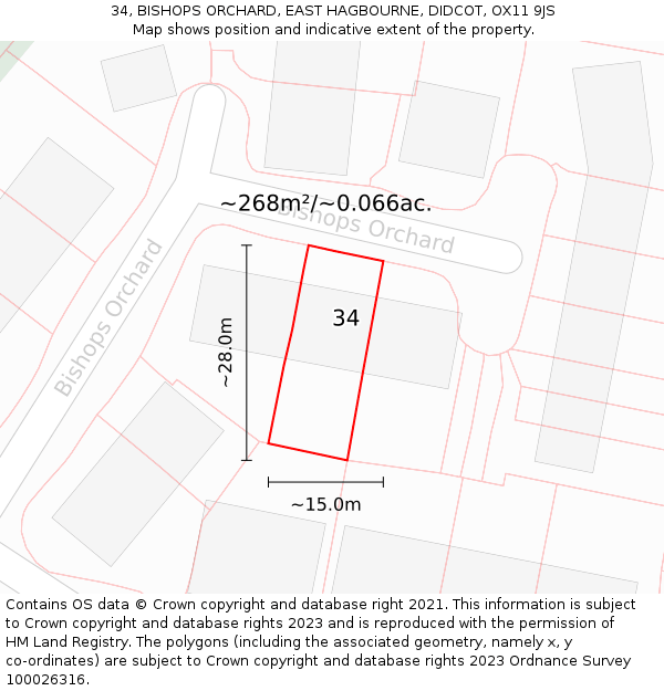 34, BISHOPS ORCHARD, EAST HAGBOURNE, DIDCOT, OX11 9JS: Plot and title map