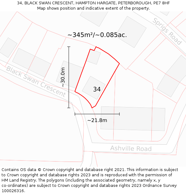 34, BLACK SWAN CRESCENT, HAMPTON HARGATE, PETERBOROUGH, PE7 8HF: Plot and title map