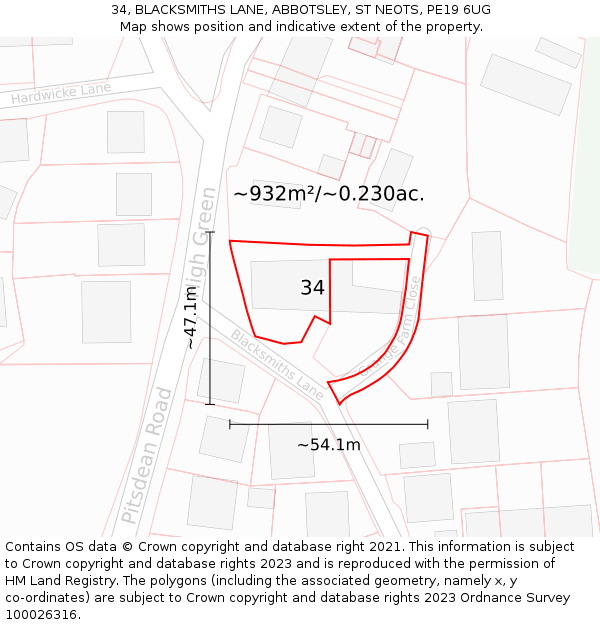 34, BLACKSMITHS LANE, ABBOTSLEY, ST NEOTS, PE19 6UG: Plot and title map