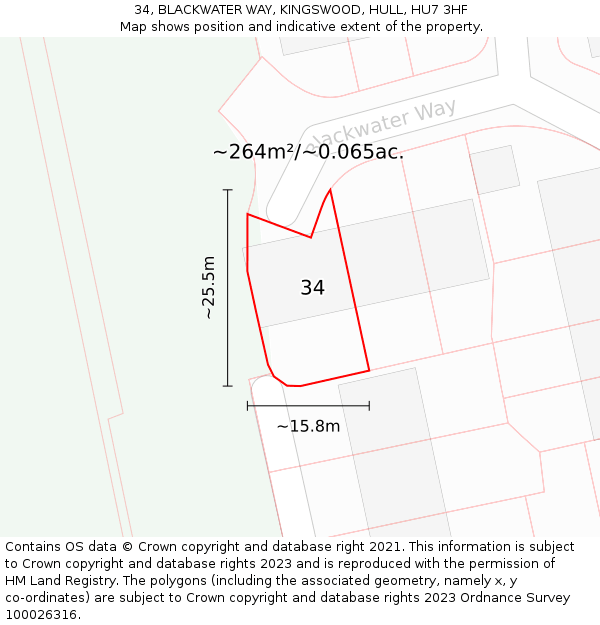 34, BLACKWATER WAY, KINGSWOOD, HULL, HU7 3HF: Plot and title map