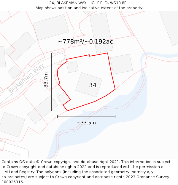 34, BLAKEMAN WAY, LICHFIELD, WS13 8FH: Plot and title map