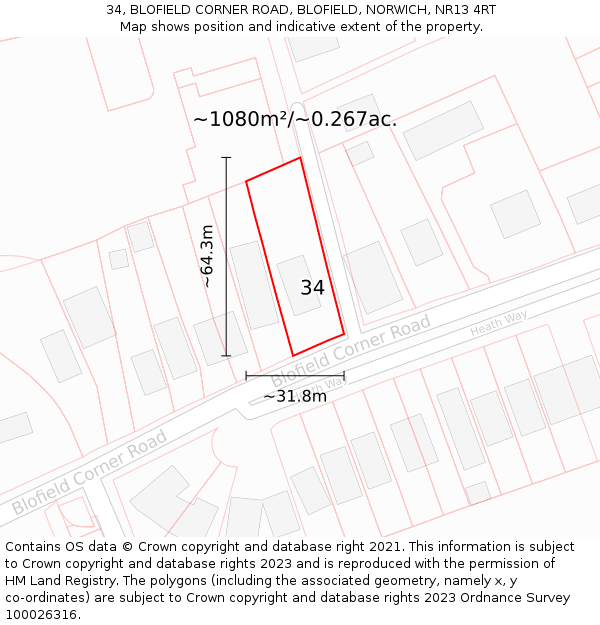 34, BLOFIELD CORNER ROAD, BLOFIELD, NORWICH, NR13 4RT: Plot and title map