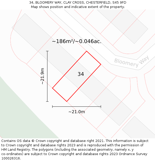 34, BLOOMERY WAY, CLAY CROSS, CHESTERFIELD, S45 9FD: Plot and title map