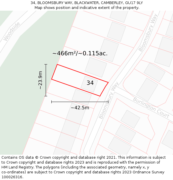34, BLOOMSBURY WAY, BLACKWATER, CAMBERLEY, GU17 9LY: Plot and title map