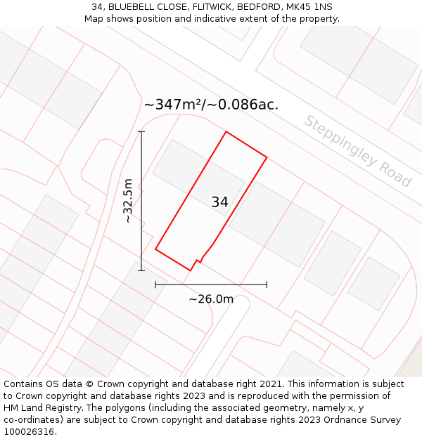 34, BLUEBELL CLOSE, FLITWICK, BEDFORD, MK45 1NS: Plot and title map