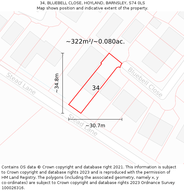 34, BLUEBELL CLOSE, HOYLAND, BARNSLEY, S74 0LS: Plot and title map