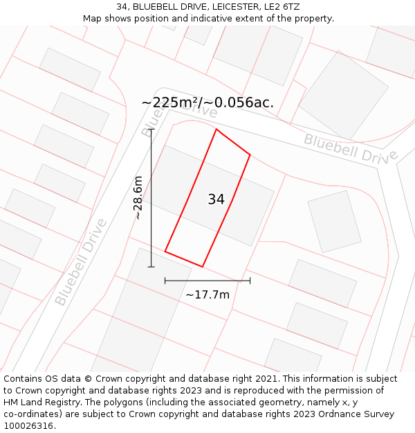 34, BLUEBELL DRIVE, LEICESTER, LE2 6TZ: Plot and title map