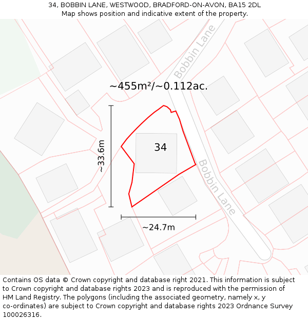 34, BOBBIN LANE, WESTWOOD, BRADFORD-ON-AVON, BA15 2DL: Plot and title map