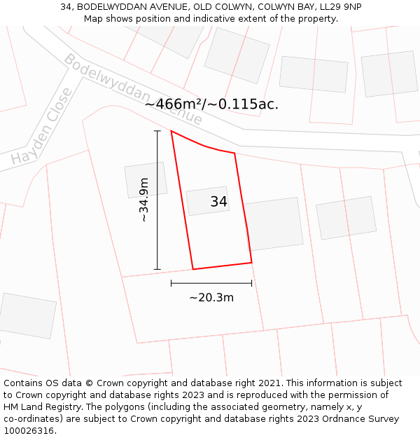 34, BODELWYDDAN AVENUE, OLD COLWYN, COLWYN BAY, LL29 9NP: Plot and title map