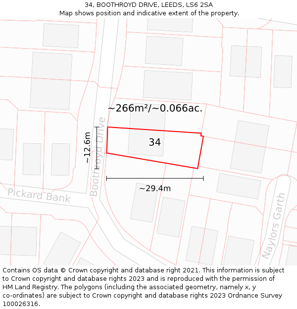 34, BOOTHROYD DRIVE, LEEDS, LS6 2SA: Plot and title map