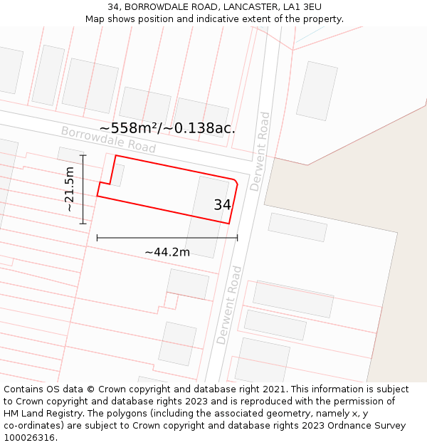 34, BORROWDALE ROAD, LANCASTER, LA1 3EU: Plot and title map