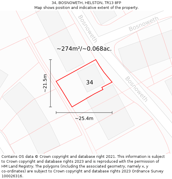 34, BOSNOWETH, HELSTON, TR13 8FP: Plot and title map