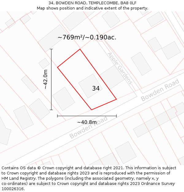 34, BOWDEN ROAD, TEMPLECOMBE, BA8 0LF: Plot and title map