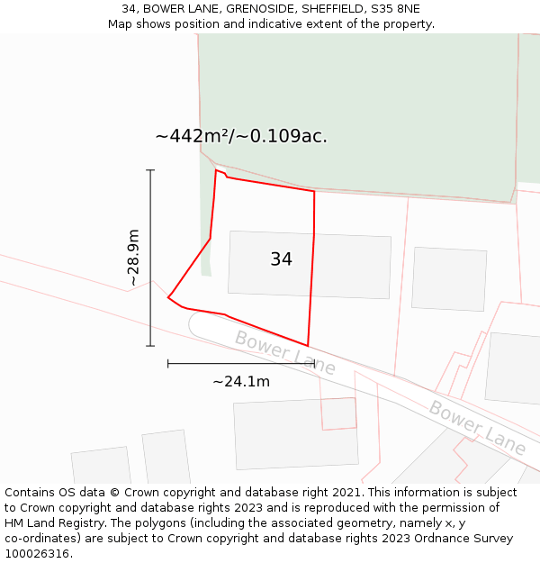 34, BOWER LANE, GRENOSIDE, SHEFFIELD, S35 8NE: Plot and title map