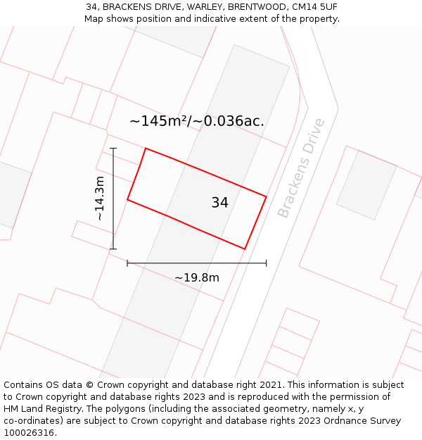 34, BRACKENS DRIVE, WARLEY, BRENTWOOD, CM14 5UF: Plot and title map