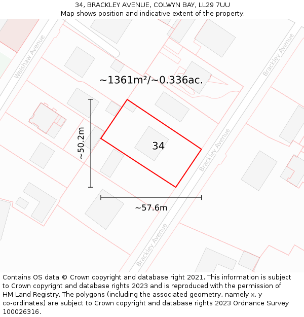 34, BRACKLEY AVENUE, COLWYN BAY, LL29 7UU: Plot and title map