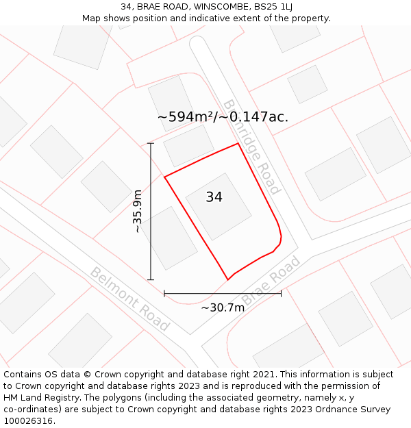 34, BRAE ROAD, WINSCOMBE, BS25 1LJ: Plot and title map