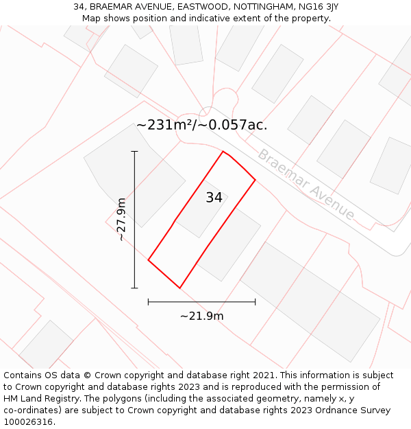 34, BRAEMAR AVENUE, EASTWOOD, NOTTINGHAM, NG16 3JY: Plot and title map
