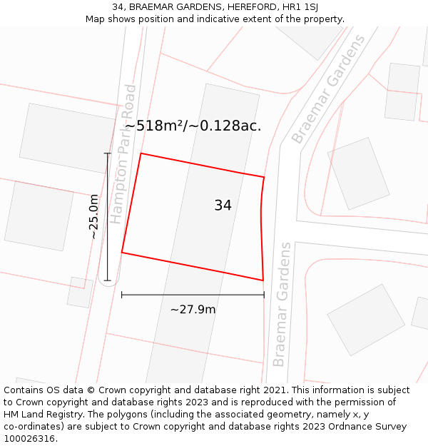 34, BRAEMAR GARDENS, HEREFORD, HR1 1SJ: Plot and title map