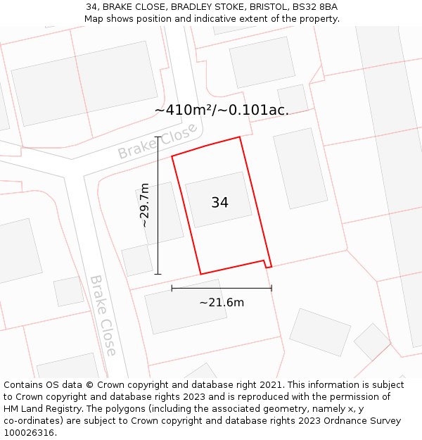 34, BRAKE CLOSE, BRADLEY STOKE, BRISTOL, BS32 8BA: Plot and title map