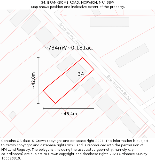 34, BRANKSOME ROAD, NORWICH, NR4 6SW: Plot and title map
