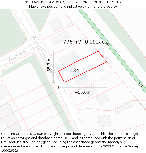 34, BRANTINGHAM ROAD, ELLOUGHTON, BROUGH, HU15 1HX: Plot and title map