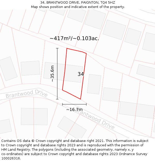 34, BRANTWOOD DRIVE, PAIGNTON, TQ4 5HZ: Plot and title map